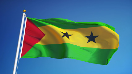 Sao Tome and Principe flag waving against clean blue sky, close up, isolated with clipping path mask alpha channel transparency