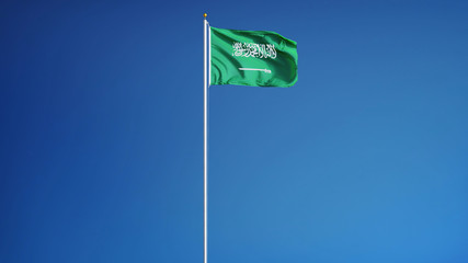 Saudi Arabia flag waving against clean blue sky, seamlessly looped long shot, isolated with clipping path mask alpha channel transparency