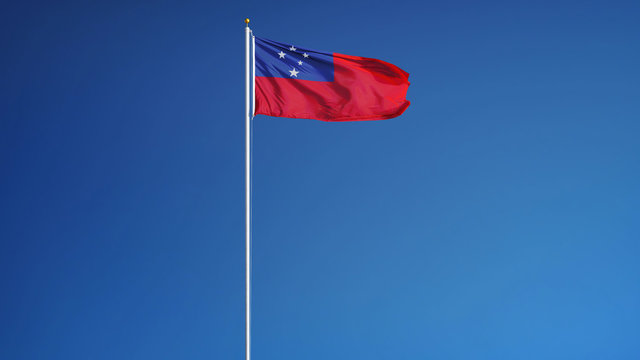 Samoa flag waving against clean blue sky, long shot, isolated with clipping path mask alpha channel transparency