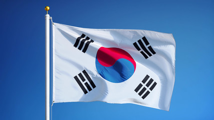 South Korea flag waving against clean blue sky, close up, isolated with clipping path mask alpha channel transparency