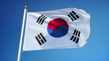 South Korea flag waving against clean blue sky, close up, isolated with clipping path mask alpha channel transparency