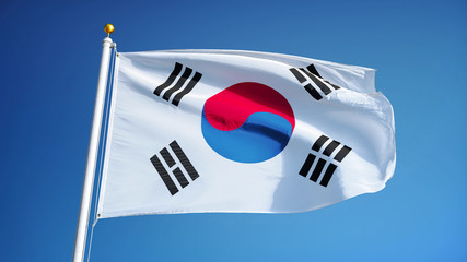 South Korea flag waving against clean blue sky, close up, isolated with clipping path mask alpha channel transparency