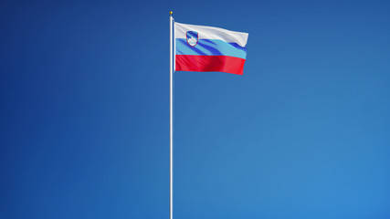 Slovenia flag waving against clean blue sky, long shot, isolated with clipping path mask alpha channel transparency