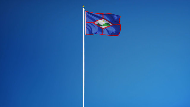 Sint Eustatius flag waving against clean blue sky, long shot isolated with clipping path mask alpha channel transparency