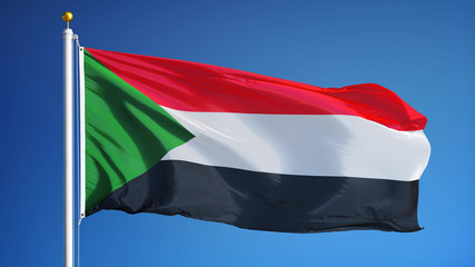Sudan flag waving against clean blue sky, close up, isolated with clipping path mask alpha channel...