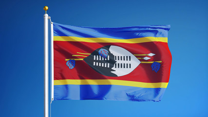 Swaziland flag waving against clean blue sky, close up, isolated with clipping path mask alpha channel transparency