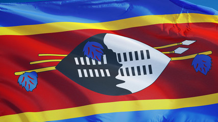 Swaziland flag waving against clean blue sky, close up, isolated with clipping path mask alpha channel transparency