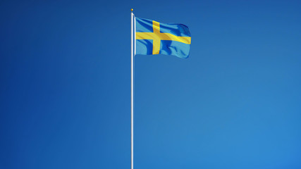 Sweden flag waving against clean blue sky, long shot, isolated with clipping path mask alpha channel transparency