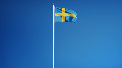 Sweden flag waving against clean blue sky, long shot, isolated with clipping path mask alpha channel transparency