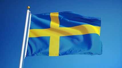 Sweden flag waving against clean blue sky, close up, isolated with clipping path mask alpha channel transparency