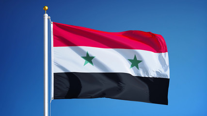 Fototapeta na wymiar Syria flag waving against clean blue sky, close up, isolated with clipping path mask alpha channel transparency