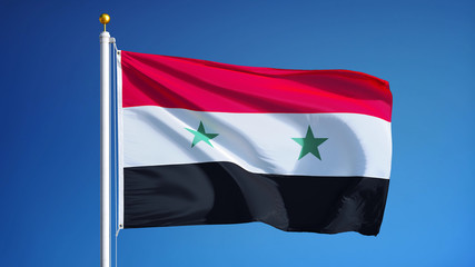 Syria flag waving against clean blue sky, close up, isolated with clipping path mask alpha channel transparency