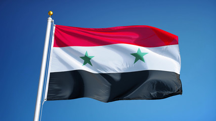 Syria flag waving against clean blue sky, close up, isolated with clipping path mask alpha channel...