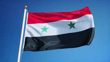 Fototapeta na wymiar Syria flag waving against clean blue sky, close up, isolated with clipping path mask alpha channel transparency