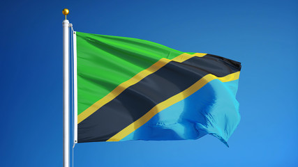 Tanzania flag waving against clean blue sky, close up, isolated with clipping path mask alpha channel transparency