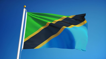 Tanzania flag waving against clean blue sky, close up, isolated with clipping path mask alpha channel transparency