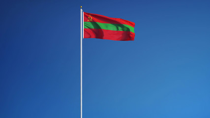 Transnistria flag waving against clean blue sky, long shot isolated with clipping path mask alpha channel transparency