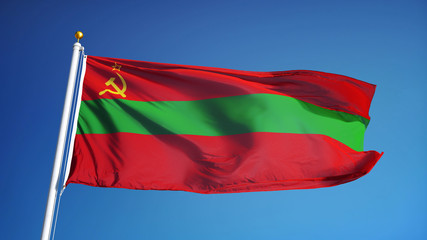 Transnistria flag waving against clean blue sky, close up, isolated with clipping path mask alpha channel transparency
