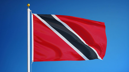 Trinidad and Tobago flag waving against clean blue sky, close up, isolated with clipping path mask alpha channel transparency