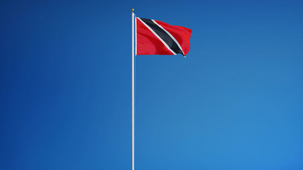 Trinidad and Tobago flag waving against clean blue sky, long shot, isolated with clipping path mask alpha channel transparency