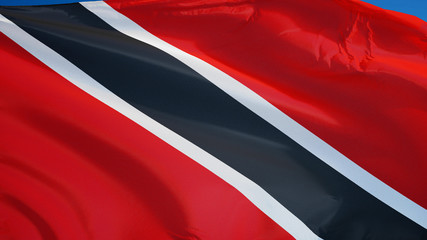 Trinidad and Tobago flag waving against clean blue sky, close up, isolated with clipping path mask alpha channel transparency
