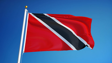 Trinidad and Tobago flag waving against clean blue sky, close up, isolated with clipping path mask alpha channel transparency