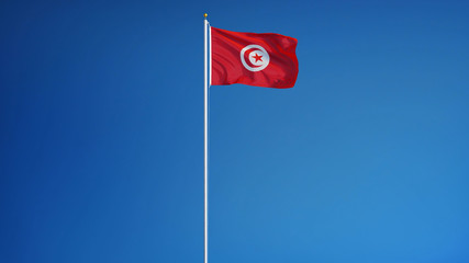 Tunisia flag waving against clean blue sky, long shot, isolated with clipping path mask alpha...