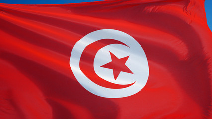 Tunisia flag waving against clean blue sky, close up, isolated with clipping path mask alpha channel transparency