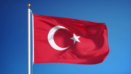 Turkey flag waving against clean blue sky, close up, isolated with clipping path mask alpha channel transparency