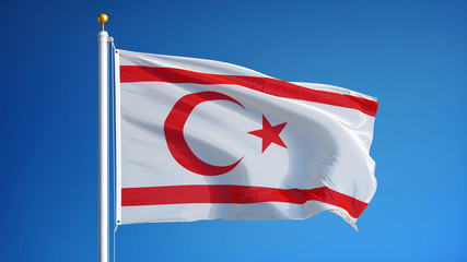 Turkish Republic of Northern Cyprus flag against clean blue sky, close up, isolated with clipping path mask alpha channel transparency