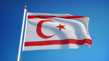 Turkish Republic of Northern Cyprus flag against clean blue sky, close up, isolated with clipping path mask alpha channel transparency