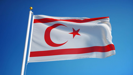 Turkish Republic of Northern Cyprus flag against clean blue sky, close up, isolated with clipping path mask alpha channel transparency