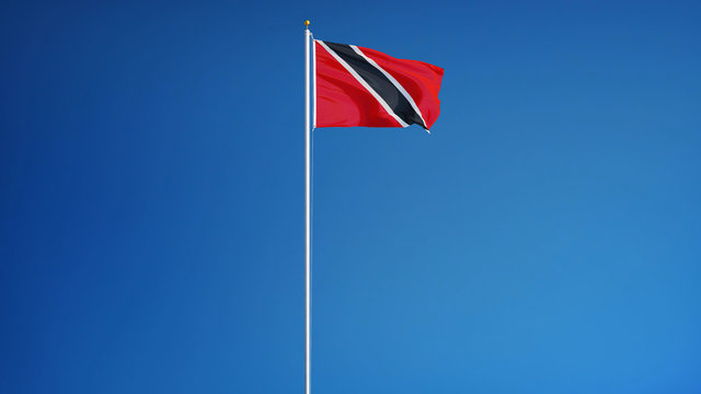Trinidad and Tobago flag waving against clean blue sky, long shot, isolated with clipping path mask alpha channel transparency
