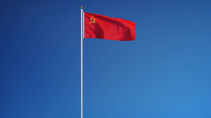 The Union of Soviet Socialist Republics flag waving against sky, long shot, isolated with clipping path mask alpha channel transparency, black white matte
