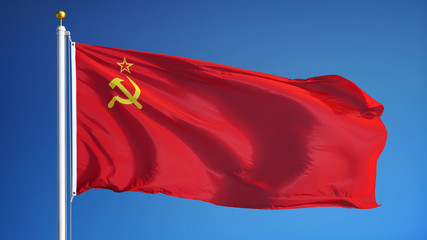 The Union of Soviet Socialist Republics flag waving against sky, close up, isolated with clipping path mask alpha channel transparency, black white matte