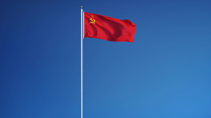 The Union of Soviet Socialist Republics flag waving against sky, long shot, isolated with clipping path mask alpha channel transparency, black white matte