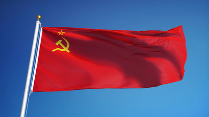 The Union of Soviet Socialist Republics flag waving against sky, close up, isolated with clipping path mask alpha channel transparency, black white matte