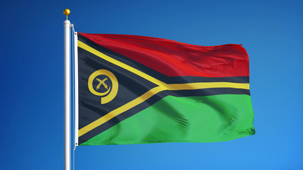 Vanuatu flag waving against clean blue sky, close up, isolated with clipping path mask alpha channel transparency