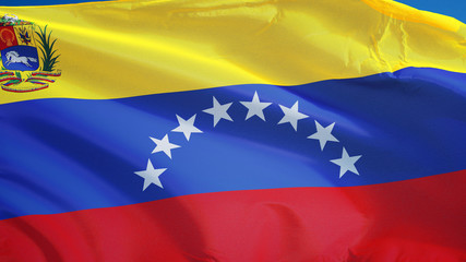 Venezuela flag waving against clean blue sky, close up, isolated with clipping path mask alpha channel transparency