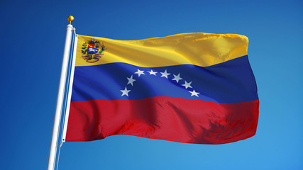Venezuela flag waving against clean blue sky, close up, isolated with clipping path mask alpha channel transparency