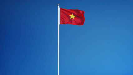 Vietnam flag waving against clean blue sky, long shot, isolated with clipping path mask alpha channel transparency