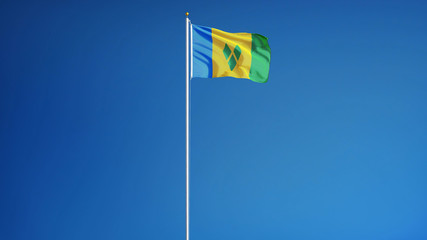 Vincent and the Grenadines flag waving against clean blue sky, long shot, isolated with clipping path mask alpha channel transparency