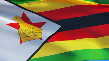 Zimbabwe flag waving against clean blue sky, close up, isolated with clipping path mask alpha channel transparency