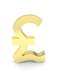 Isolated golden pound sign on white background. British currency. Concept of investment, european market, savings. Power, luxury and wealth. Great Britain, Nothern Ireland. 3D rendering.