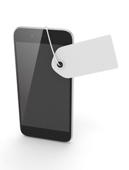 Smart phone with price tag on white background. Identification, price, label. 3D rendering.