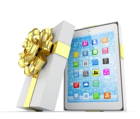 Tablet in white gift box with golden bow and ribbons on white. 3D rendering.