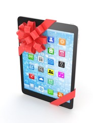 Black tablet with red bow and icons. 3D rendering.