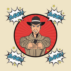 Cowboy bubble man gun revolver pop art comic cartoon icon. Colorful and striped design. Vector illustration