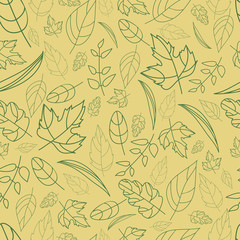 Vector pattern of autumn leaves of different shapes autumn elements and templates. green on beige background. autumn hipster background. Bright pattern. Autumn template