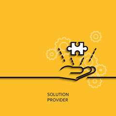 Vector business illustration in linear style with a picture of solution provider as hand giving puzzle on yellow background poster or banner template.